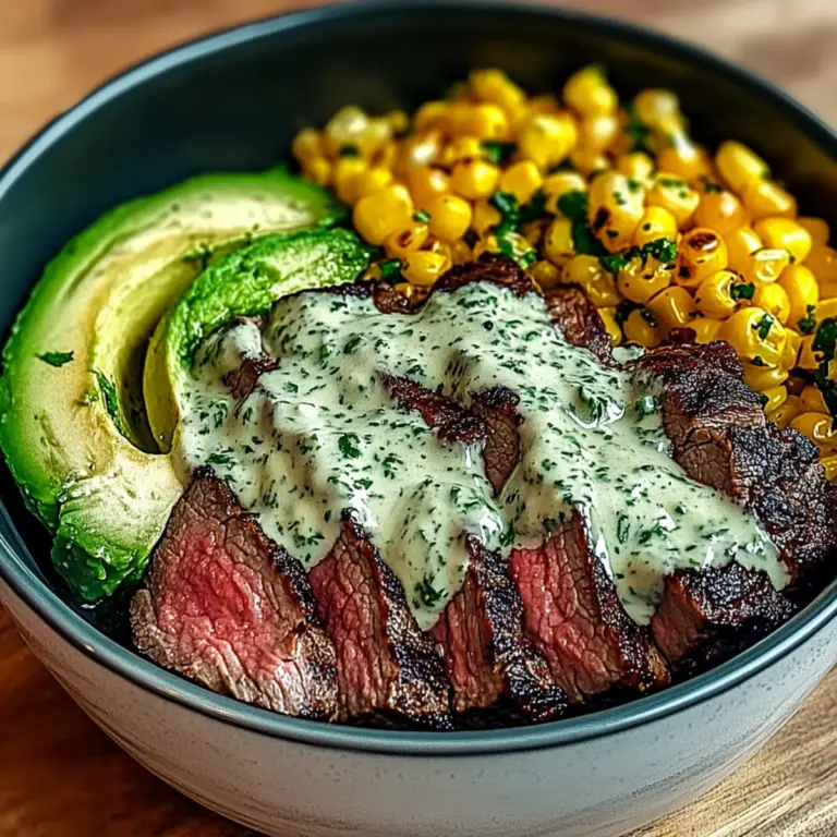 Steak, Avocado & Roasted Corn Bowl with Cilantro Cream Sauce