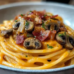 Pumpkin & Mushroom Spaghetti with Crispy Bacon