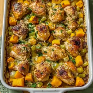 Roasted Chicken Leek and Butternut Squash Bake