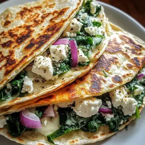 Mediterranean Quesadillas with Spinach Feta Mozzarella and Red Onion